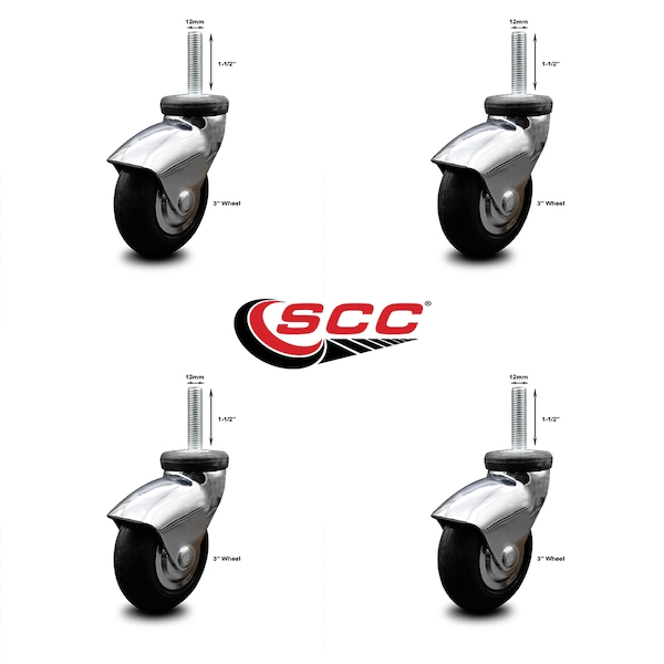 Service Caster 3 Inch Bright Chrome Hooded Neoprene Rubber 12mm Threaded Stem Casters SCC, 4PK SCC-TS03S310-NPRB-BC-M1215-4 - main